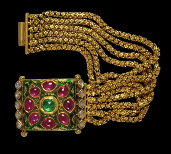 Maharaja’s Enamelled Heavy Gold Bracelet set with Rubies, Diamonds & an ...