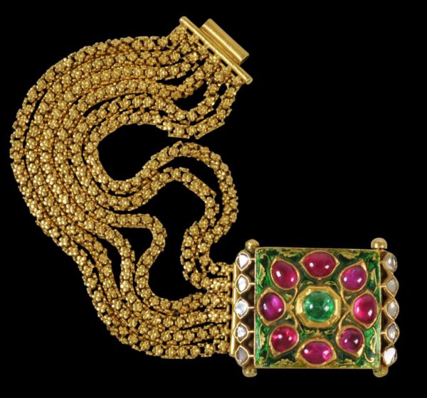 Maharaja’s Enamelled Heavy Gold Bracelet set with Rubies, Diamonds & an ...