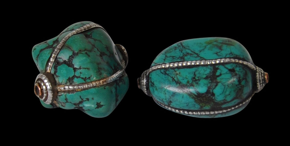 Two Large Turquoise Beads with Silver Mounts