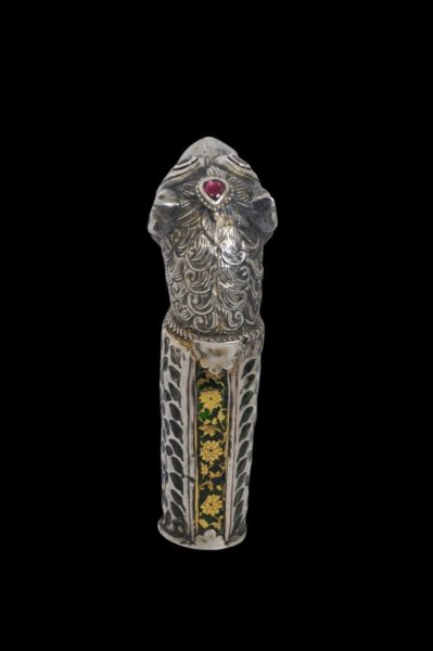 Indian Gilded, Enamelled Silver Lion Dagger Hilt Or Staff Handle Inlaid 