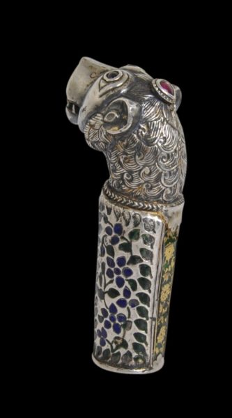 Indian Gilded, Enamelled Silver Lion Dagger Hilt or Staff Handle Inlaid ...