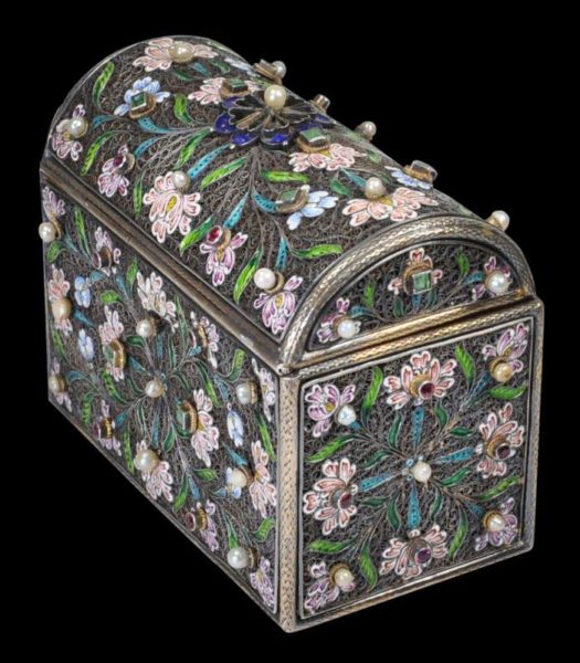 Rare Armenian Silver Filigree, Enamelled & Gilt Box set with Emeralds ...