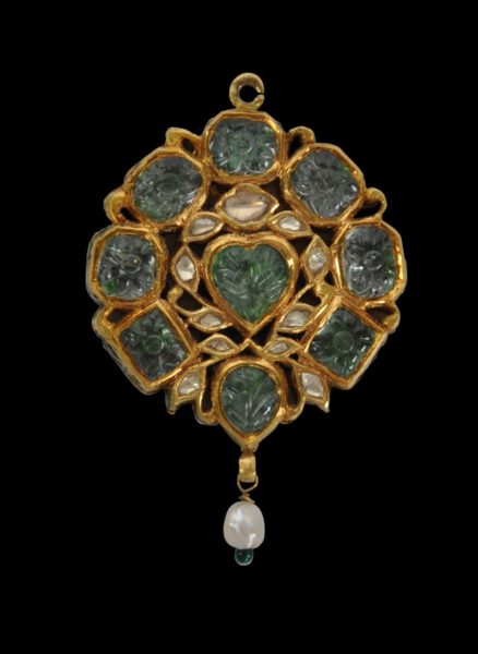 Indian Enamelled Gold, Pierced Floral Pendant set with Carved Emeralds ...