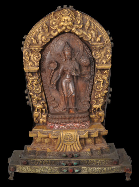 Parcel-Gilt Copper Shrine of Padmapani Lokeswara Shrine set with Coral ...