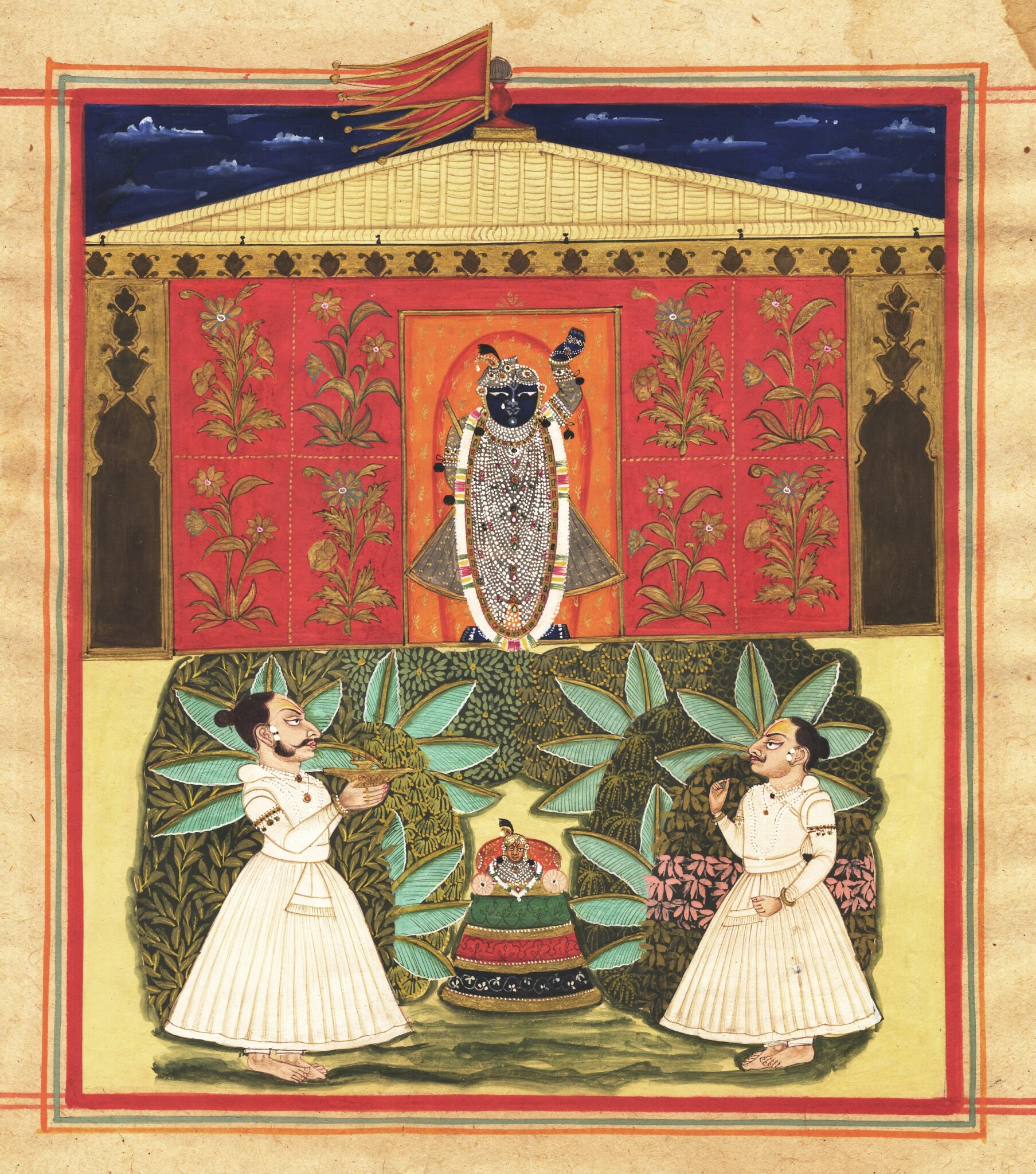 indian-painting-of-krishna-as-srinnathji-in-winter-with-two-gosaijis