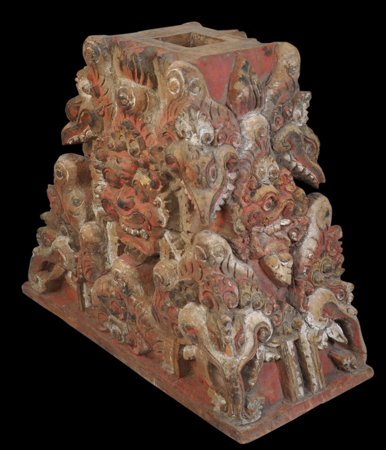 Balinese Wooden Pillar Base Sendi Tugeh Carved With Monster Masks Michael Backman Ltd