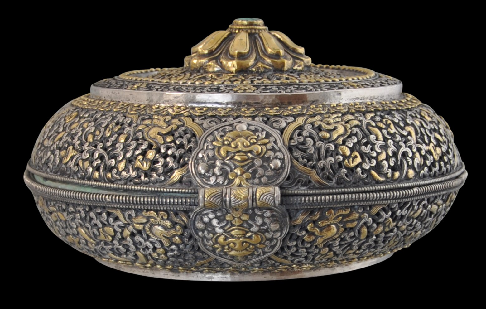 Exceptional Bhutanese Noble's Parcel-Gilt Chased & Pierced Silver Betel ...