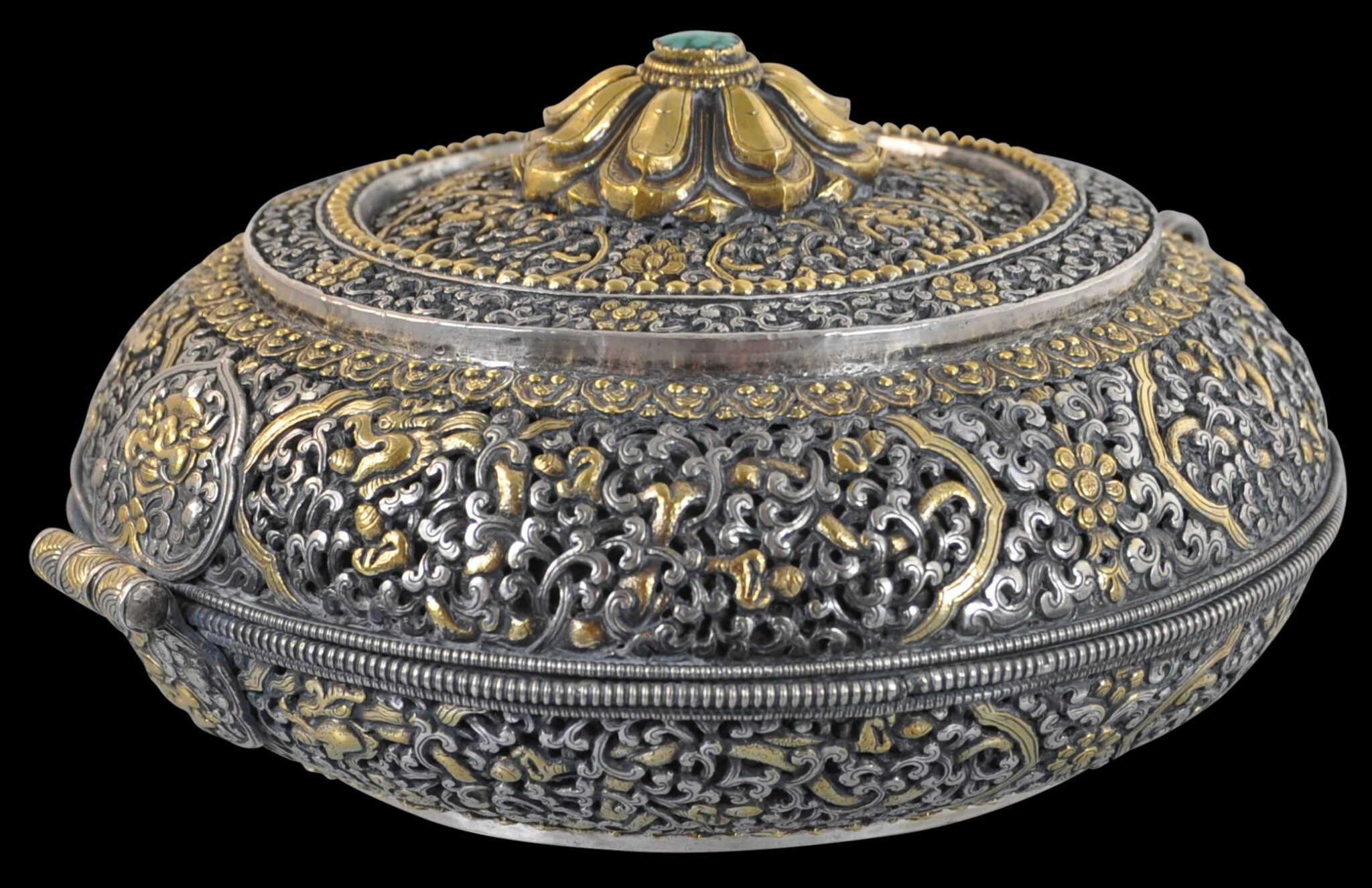 Exceptional Bhutanese Noble's Parcel-Gilt Chased & Pierced Silver Betel ...