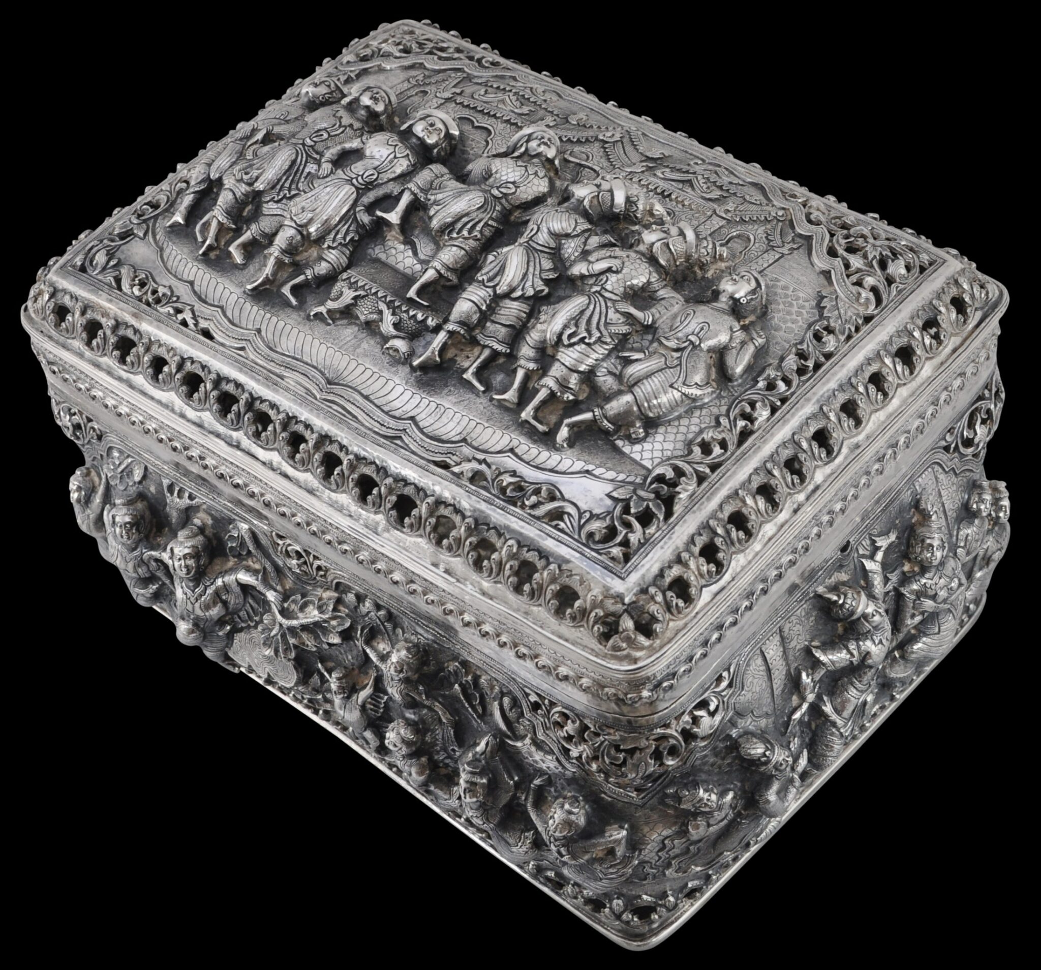 Monumental Burmese, Pierced Silver Box with Buddhist Narrative Scenes ...