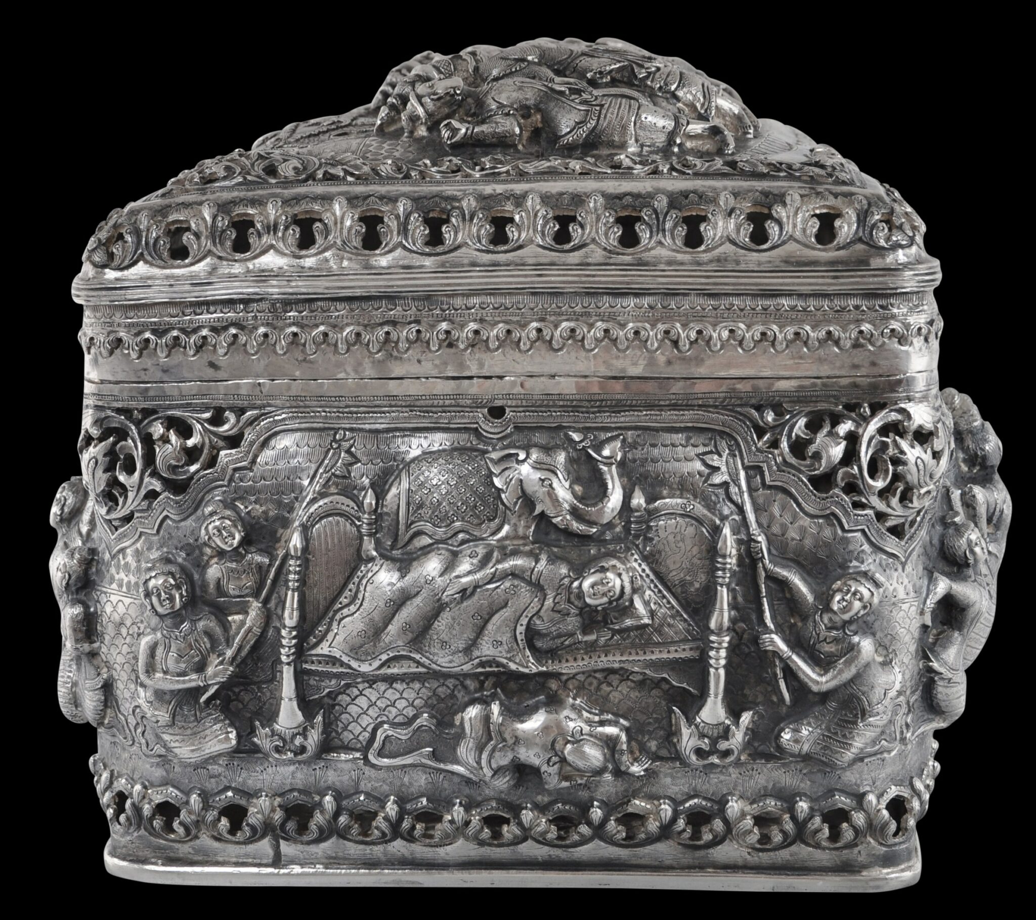 Monumental Burmese, Pierced Silver Box with Buddhist Narrative Scenes ...