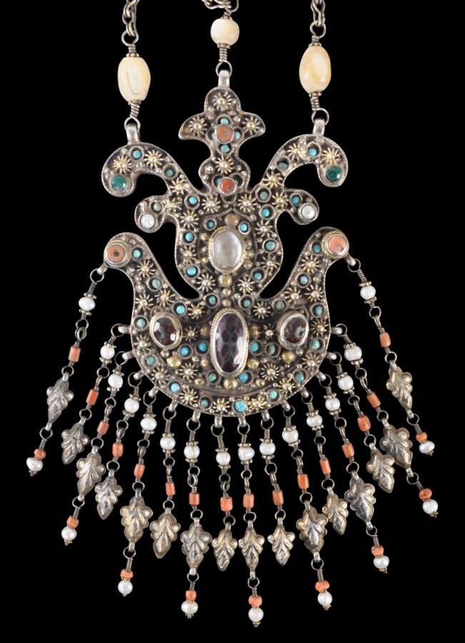 Uzbek Silver Necklace with Pearls & Gems - Michael Backman Ltd