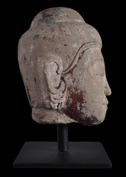 Burmese Stone Buddha Head With Traces Of Ochre - Michael Backman Ltd