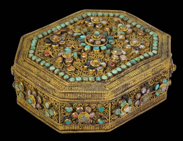 Gilded Nepalese Box with Turquoise & Rubies - Michael Backman Ltd