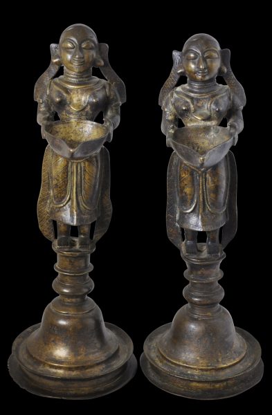 Pair of Cast Brass Lakshmi Dipa Lamps - Michael Backman Ltd