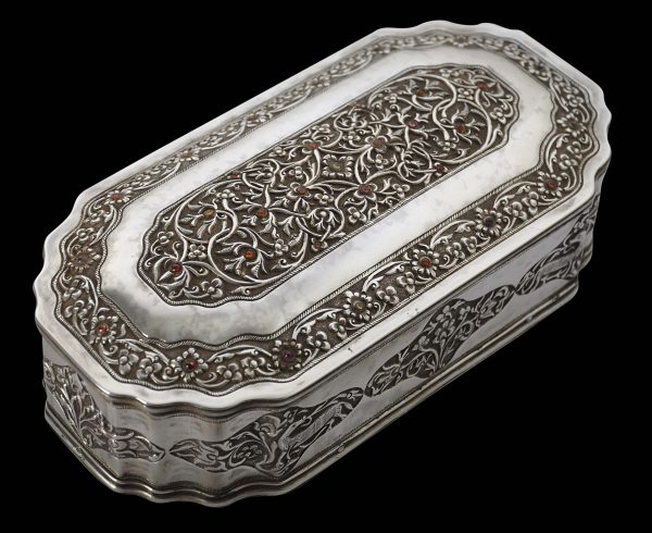 Rare Sri Lankan Chased Silver Lidded Box Inset with Semi-Precious ...